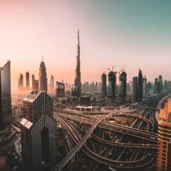 Sunrise over Downtown Dubai and the Burj Khalifa