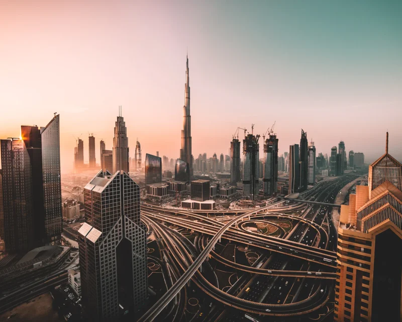Sunrise over Downtown Dubai and the Burj Khalifa