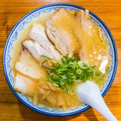 Bowl of tonkotsu ramen with pork slices in Fukuoka