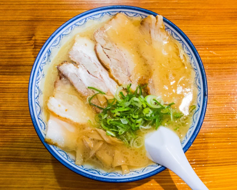 Bowl of tonkotsu ramen with pork slices in Fukuoka