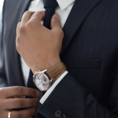 Close-up of a man adjusting the knot of his necktie