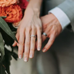 A newlywed couple celebrating on their wedding day